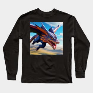 Blue and Orange Dragon with Wings Flying Through Sky Long Sleeve T-Shirt